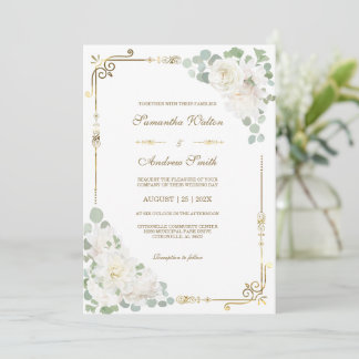 White Rose Sage Green Gold Wedding Invitation