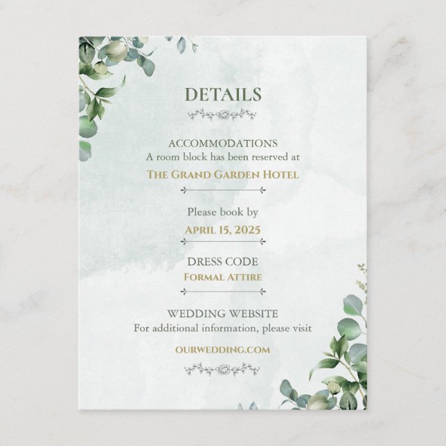 White Rose & Sage Green Wedding Details Card (Front)