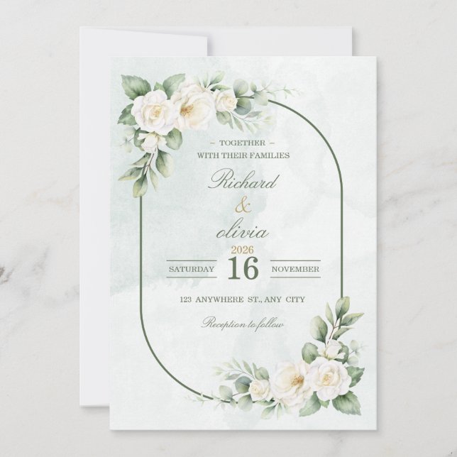White Rose & Sage Green Wedding Invitation (Front)