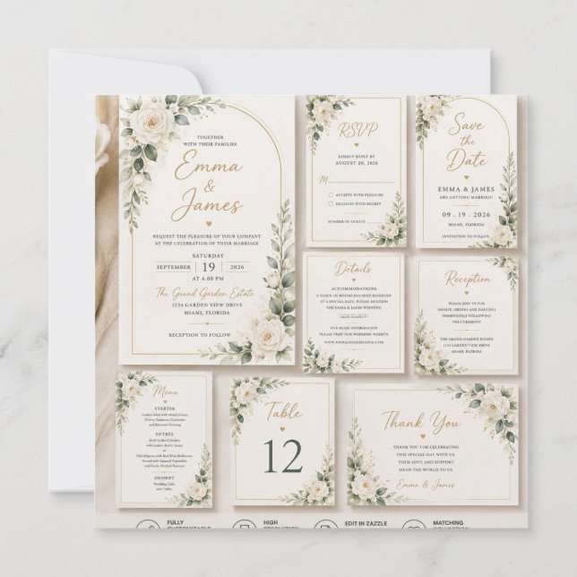   White Rose Sage Green Wedding Invitation (Back)