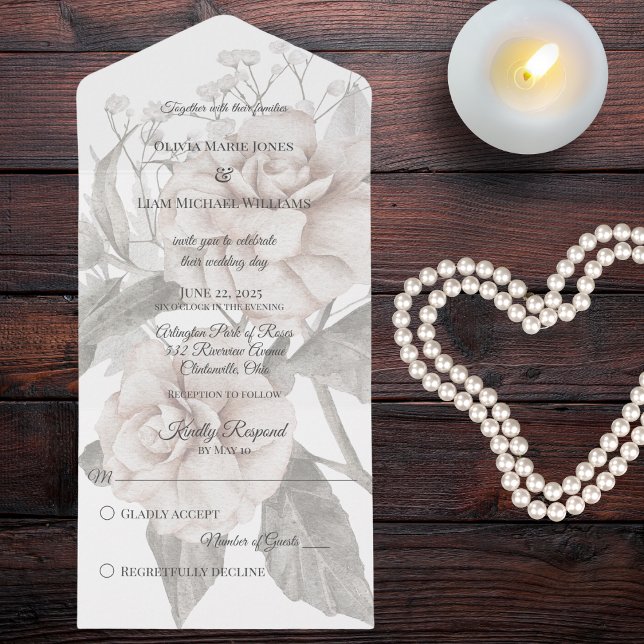 White Rose Silhouette All In One Invitation (Also available with QR code or with dinner options. )