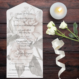 White Rose Silhouette with Dinner Options All In One Invitation