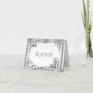 White Rose Silver Heart RSVP Wedding Card