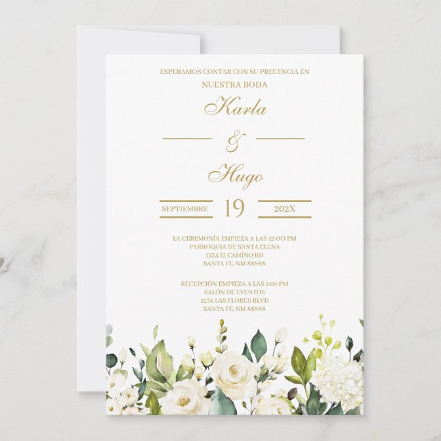 White rose Spanish Wedding Invitation (Front)