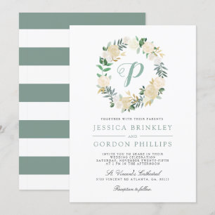 White Rose Striped Solo Monogram Wedding Invite