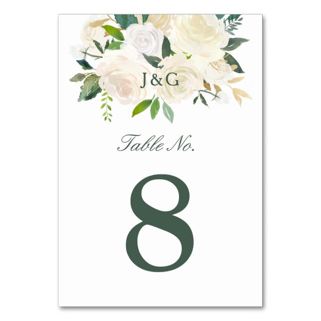 White Rose Watercolor | Table Number (Front)