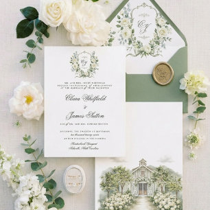 White Rose Watercolor Vineyard Wedding Invitation