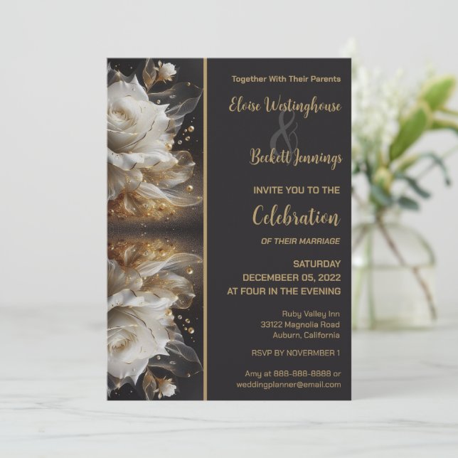 White Rose with Gold Wedding Invitation (Standing Front)