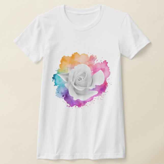 White Rose with Rainbow Background T-Shirt (Laydown)