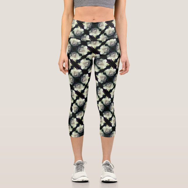 White Rose With Raindrops Abstract Floral Pattern Capri Leggings (Front)