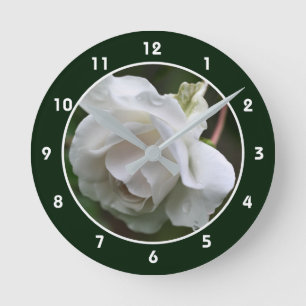 White Rose With Raindrops Flower Round Clock
