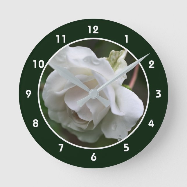 White Rose With Raindrops Flower Round Clock (Front)