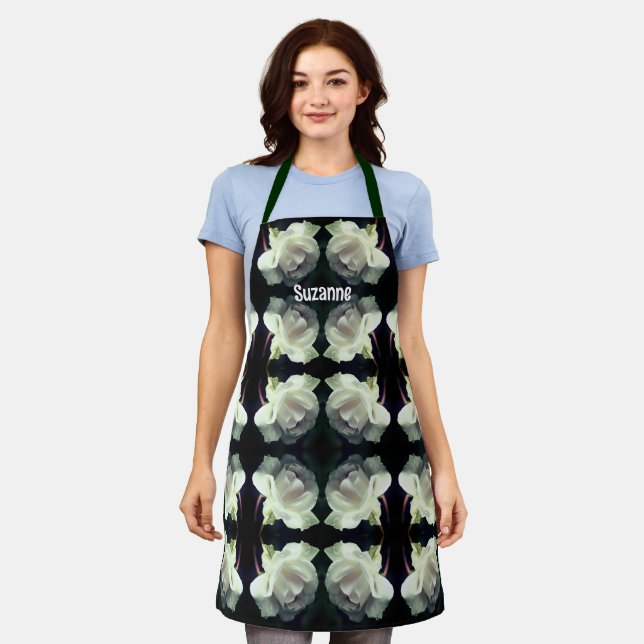 White Rose With Raindrops Pattern Personalised Apron (Worn)