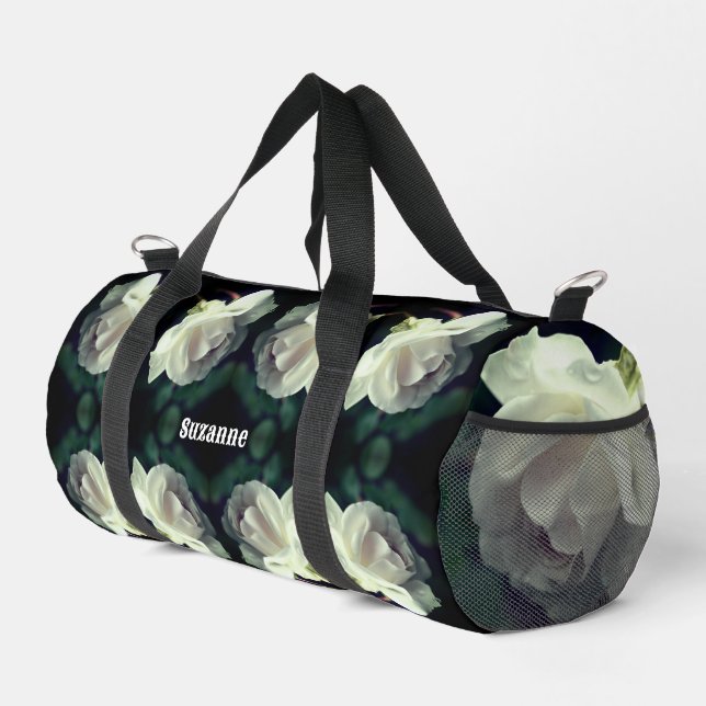 White Rose With Raindrops Personalised Duffle Bag (Right Corner)