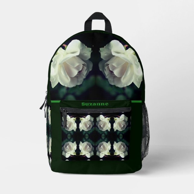 White Rose With Raindrops Personalised Printed Backpack (Front)