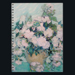 White Roses-1890-Vincent van Gogh     Notebook<br><div class="desc">White Roses (1890). Vincent van Gogh. Still life in cool blue and light pink tones. On a blue tablecloth there is a bouquet of delicate roses in a large vase. Reproduction of famous works of art  images in the public domain.</div>