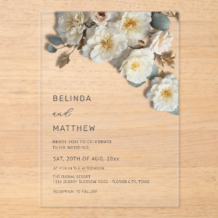 White Roses 3D Flowers Elegant White Wedding Acrylic Invitations