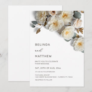 White Roses 3D Flowers Elegant White Wedding Invitation