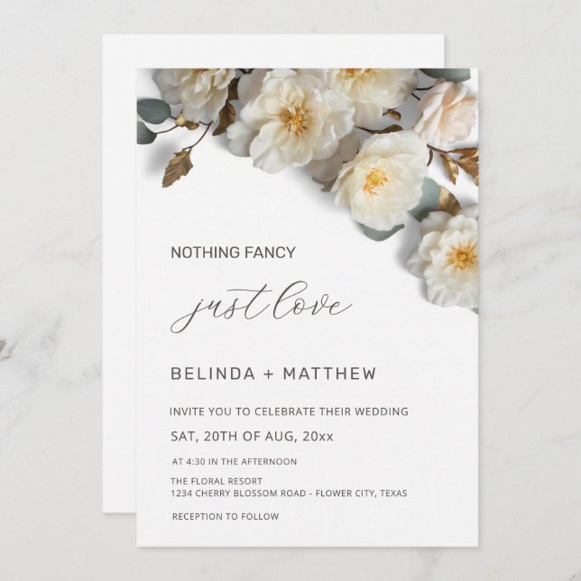 White Roses 3D Flowers Elegant White Wedding Invitation (Front/Back)