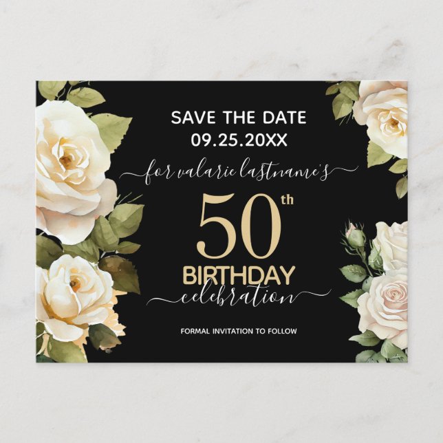 White Roses 50th Birthday Save the Date Postcard (Front)