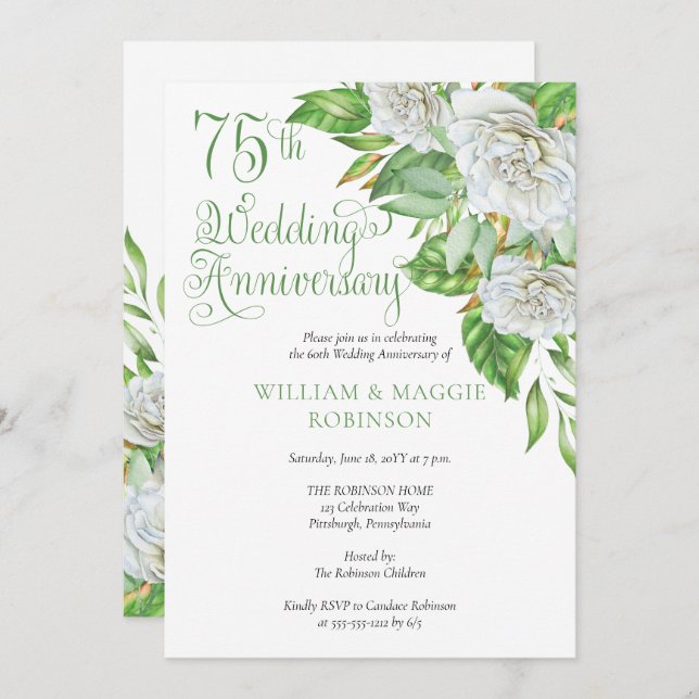 White Roses 75th Wedding Anniversary Party Invitation (Front/Back)