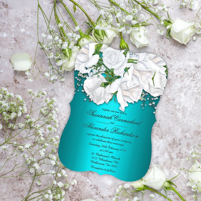 White Roses and Aqua Wedding Invitation (Creator Uploaded)