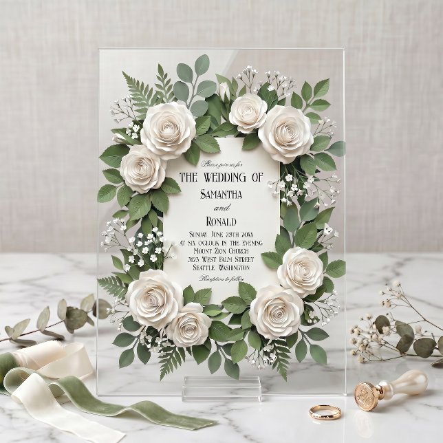 White Roses and Baby's Breath Acrylic Wedding Invitations (Creator Uploaded)
