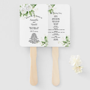 White Roses and Baby's Breath Wedding Program Hand Fan