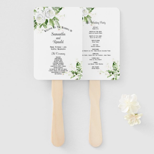 White Roses and Baby's Breath Wedding Program Hand Fan (Front and Back)
