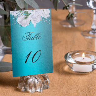White Roses and Elegant Aqua Wedding Table Number