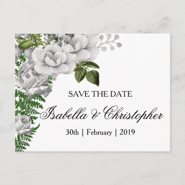 White Roses and Ferns Wedding Save the Date Announcement Postcard (Front)