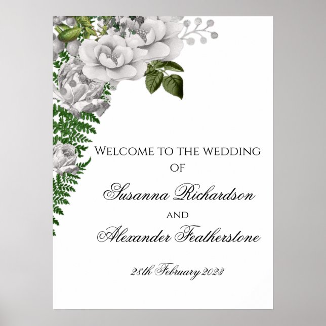 White Roses and Ferns Wedding Welcome Poster (Front)