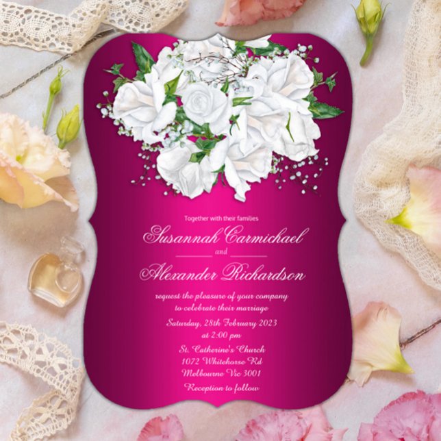White Roses and Fuchsia Pink Wedding Invitation (Creator Uploaded)