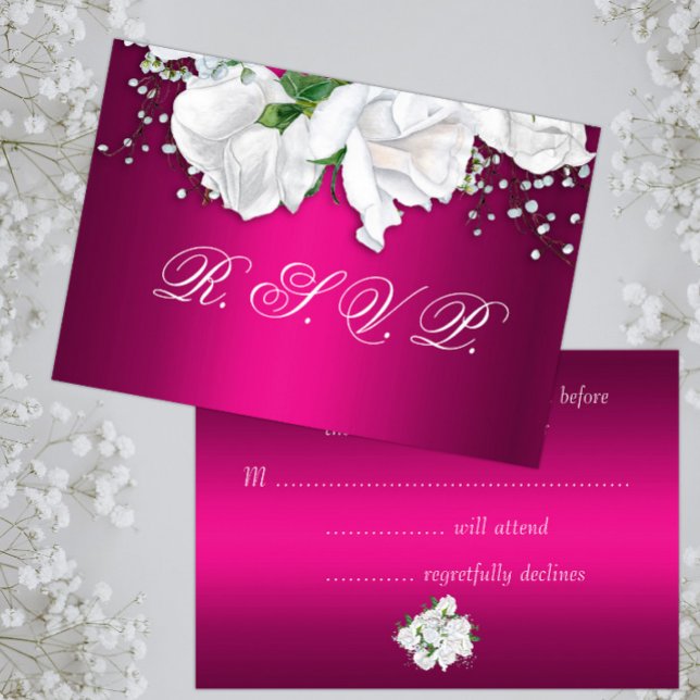 White Roses and Fuchsia Pink Wedding  RSVP Card (Creator Uploaded)