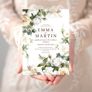 White Roses and Gold Dust Elegant Flower Wedding  Invitation