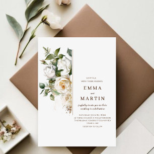 White Roses and Gold Dust Elegant Modern Wedding  Invitation