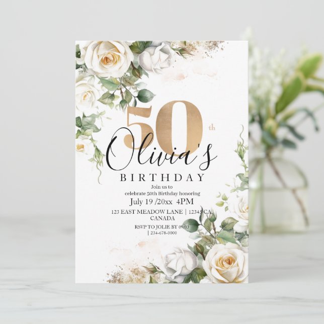White Roses and Gold Elegant Flower 50th Birthday Invitation (Standing Front)