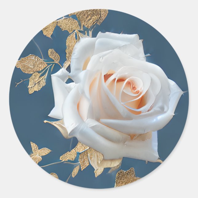 White roses and gold leaves on a blue background classic round sticker (Front)