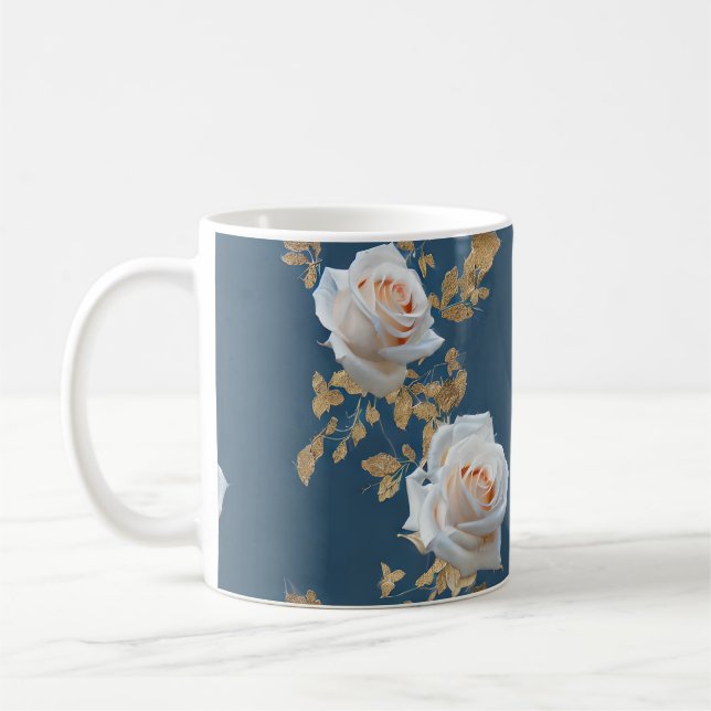 White roses and gold leaves on a blue background coffee mug (Left)