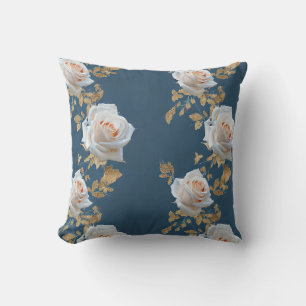 White roses and gold leaves on a blue background cushion
