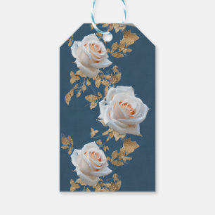 White roses and gold leaves on a blue background gift tags