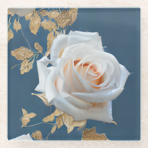 White roses and gold leaves on a blue background glass coaster