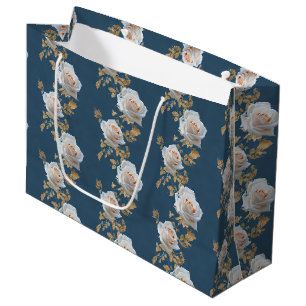 White roses and gold leaves on a blue background large gift bag
