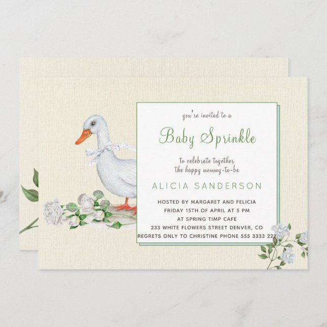 White roses and goose vintage baby sprinkle invite (Front/Back)