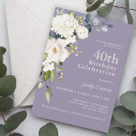 White Roses and Hydrangeas Elegant 40th Birthday Invitation<br><div class="desc">With a popular colour scheme of neutral white florals on a lavender purple background, this feminine 40th birthday party invitation features a corner bouquet of white watercolor florals with trailing eucalyptus greenery. The flowers include roses, hydrangeas and matching mixed florals for a lovely effect. The text pairings used in this...</div>