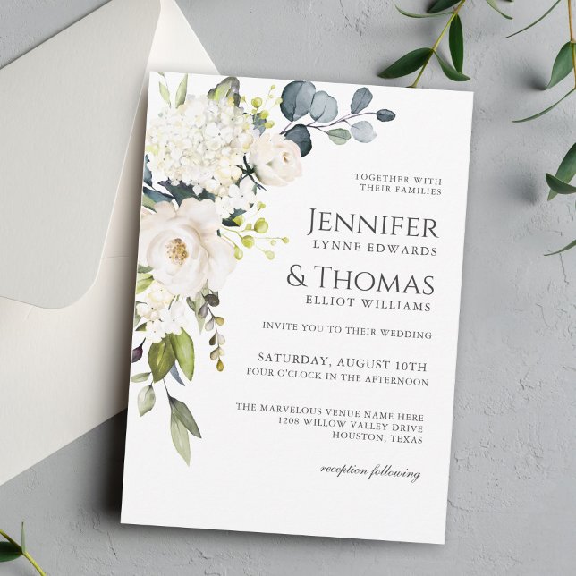 White Roses and Hydrangeas Elegant Floral Wedding Invitation (Creator Uploaded)