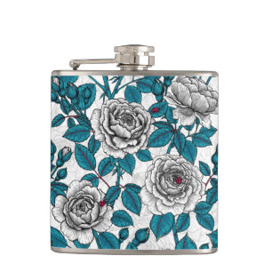 White roses and ladybugs hip flask