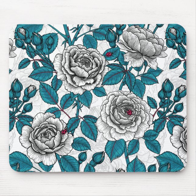 White roses and ladybugs mouse pad (Front)