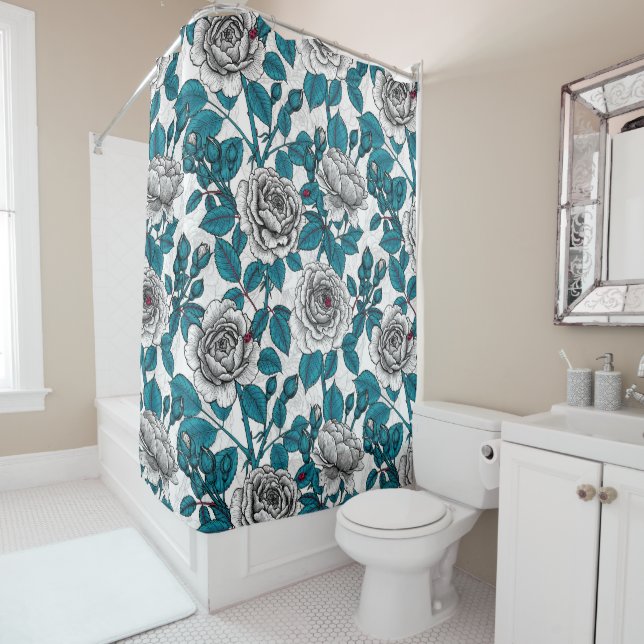 White roses and ladybugs shower curtain (In Situ)