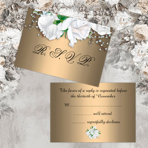 White Roses and Metallic Bronze Wedding RSVP Card